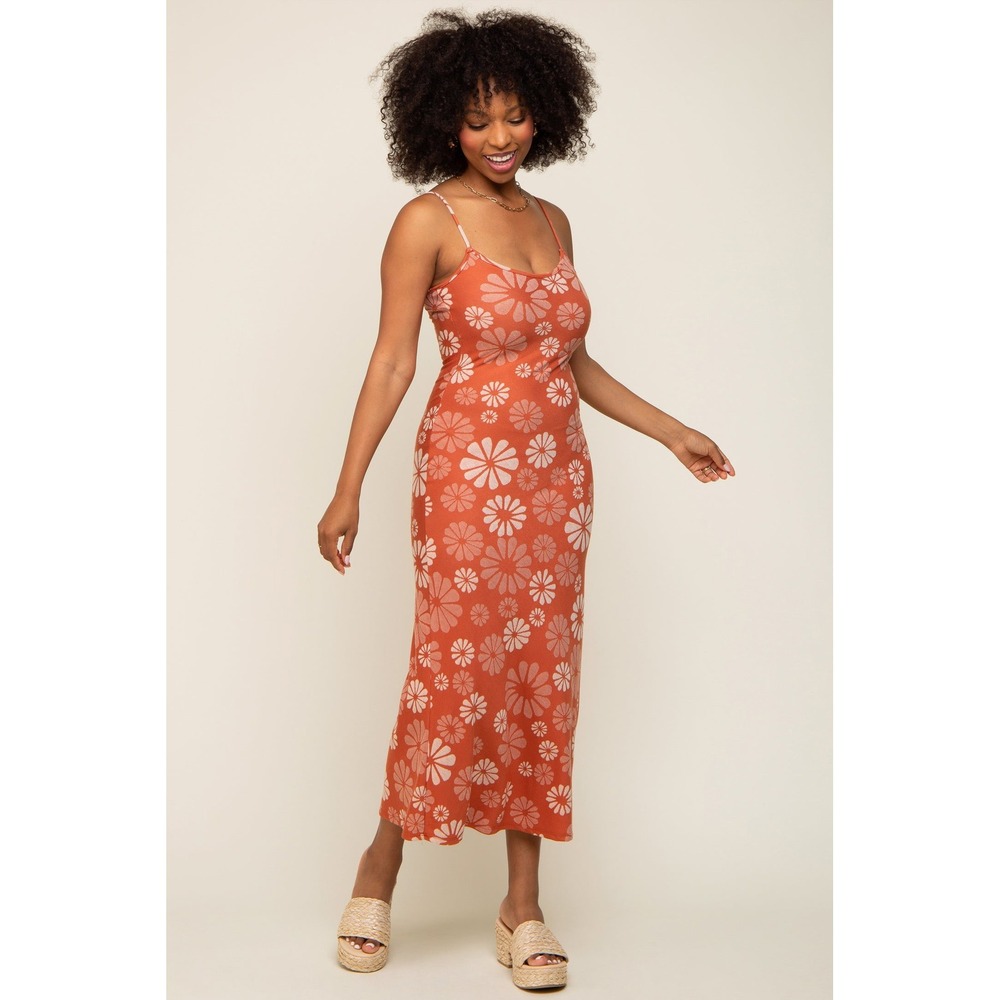 Blue Blush Orange Pink Daisy Floral Knit Maxi Dress Spaghetti Strap Small